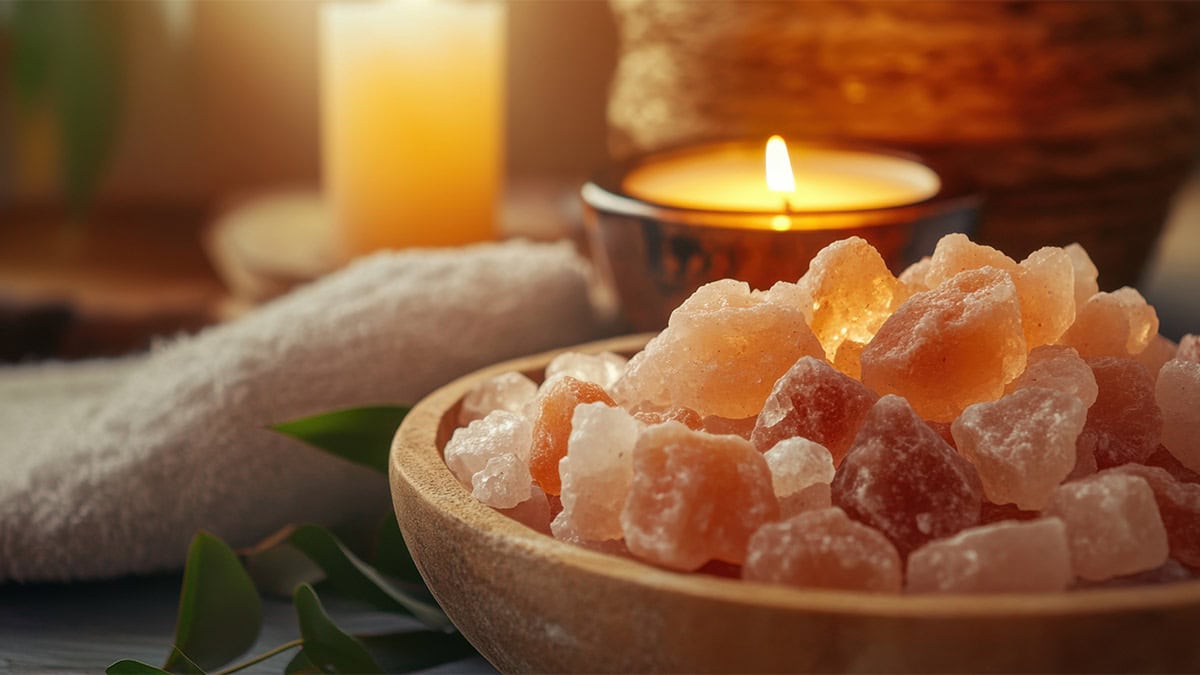himalayan salt in bowl next to candle, benefits of salt therapy